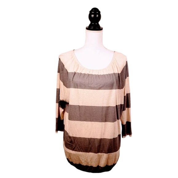 ANN TAYLOR Loft Top, Gray White Striped Linen Blend 3/4 Sleeve Career Office, M - Picture 2 of 11